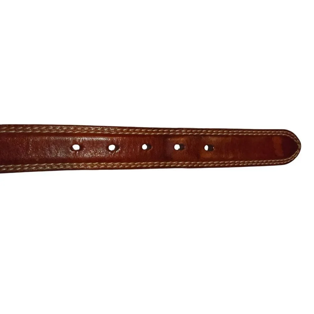 Vintage genuine leather stitched belt Size 32 brass hardware Taiwan cowboy rodeo